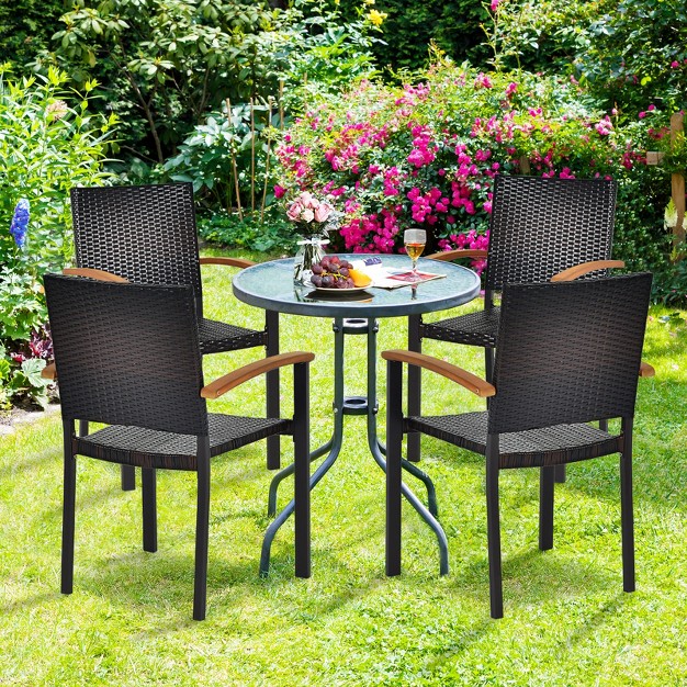 Tangkula Patio Rattan Dining Armchair 4 Set Of Wicker Chair W steel Frame Acacia Armrests Indoor amp outdoor