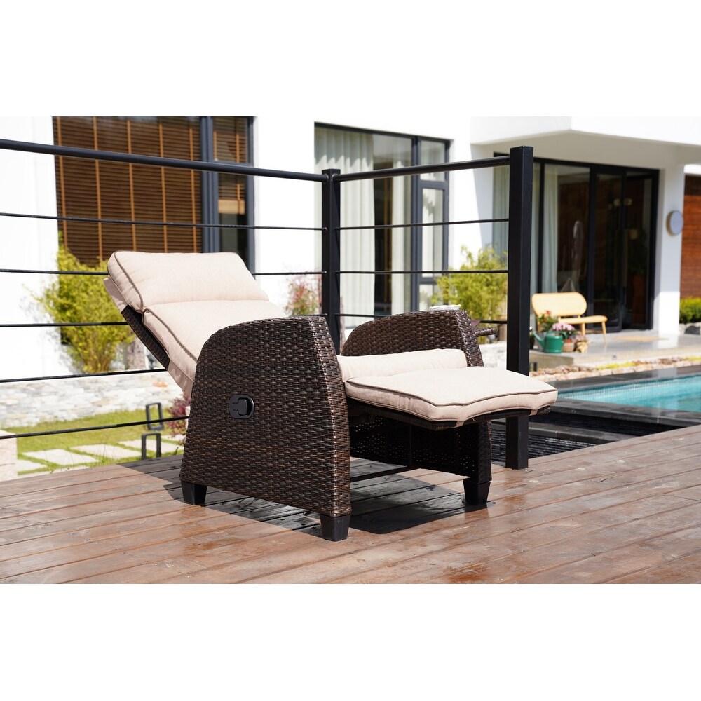 Outdoor PE Wicker Rattan Recliner Chair with Flip Table and Cushion  Flax   26.38×31.1×40.55 inch