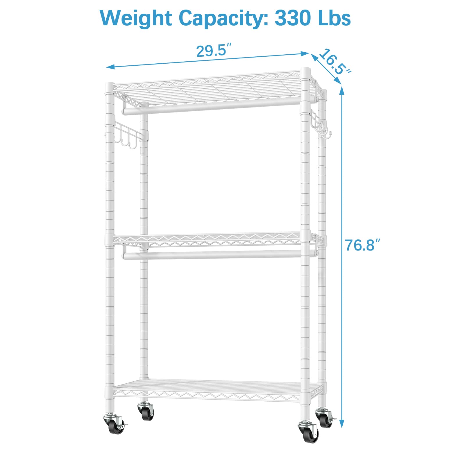 VIPEK V12 Rolling Clothes Rack Heavy Duty Clothing Rack Freestanding Closet Wardrobe, 29.5"Lx16.5"Wx76.8"H, Medium Size, White