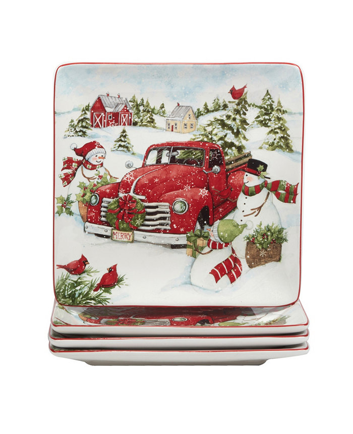 Certified International Red Truck Snowman 4 Piece Dinner Plate Set