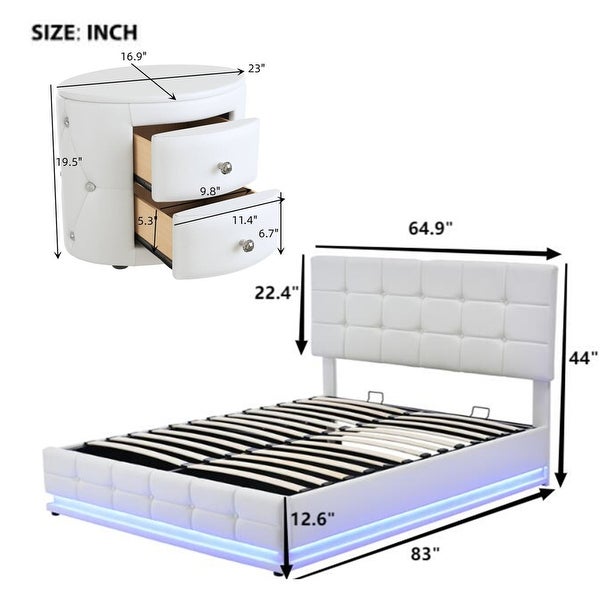 3-Pieces Bedroom Sets， Queen Size Upholstered Storage Bed with LED Lights and USB Charging Station， Two Nightstands - - 38053324