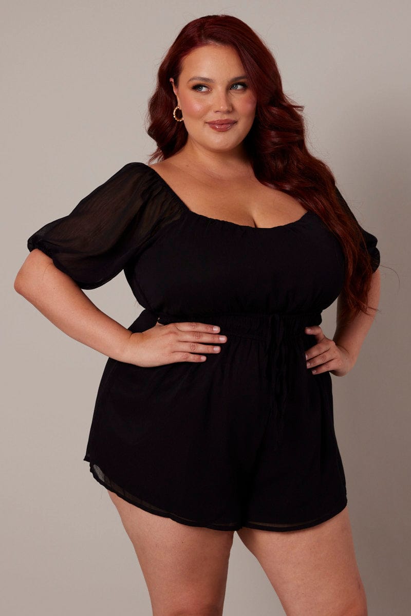 Black Short Sleeve Chiffon Double Tie Playsuit