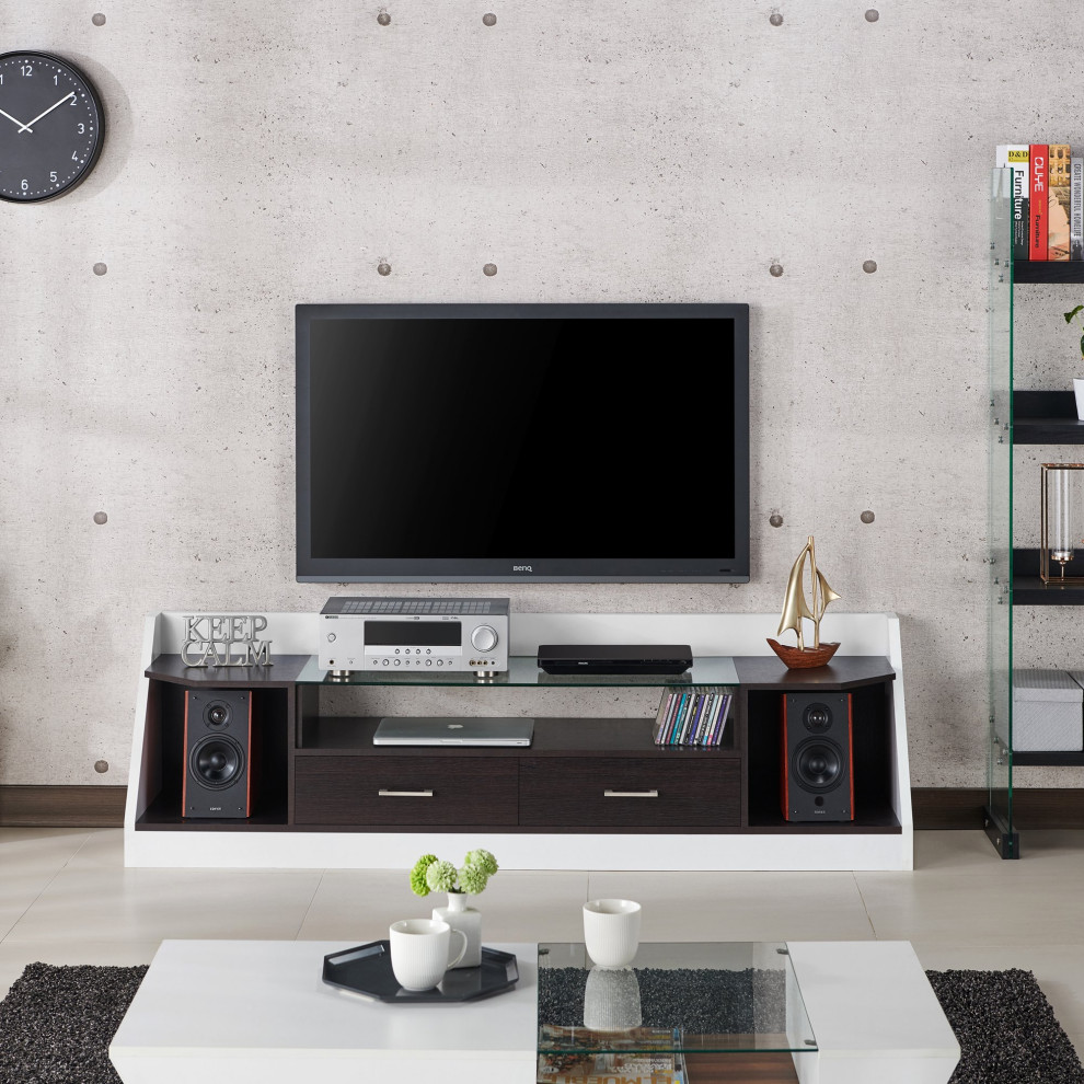 Transitional TV Console  Unique Design With Tempered Glass Top  Espresso/White   Transitional   Entertainment Centers And Tv Stands   by Declusia  Houzz