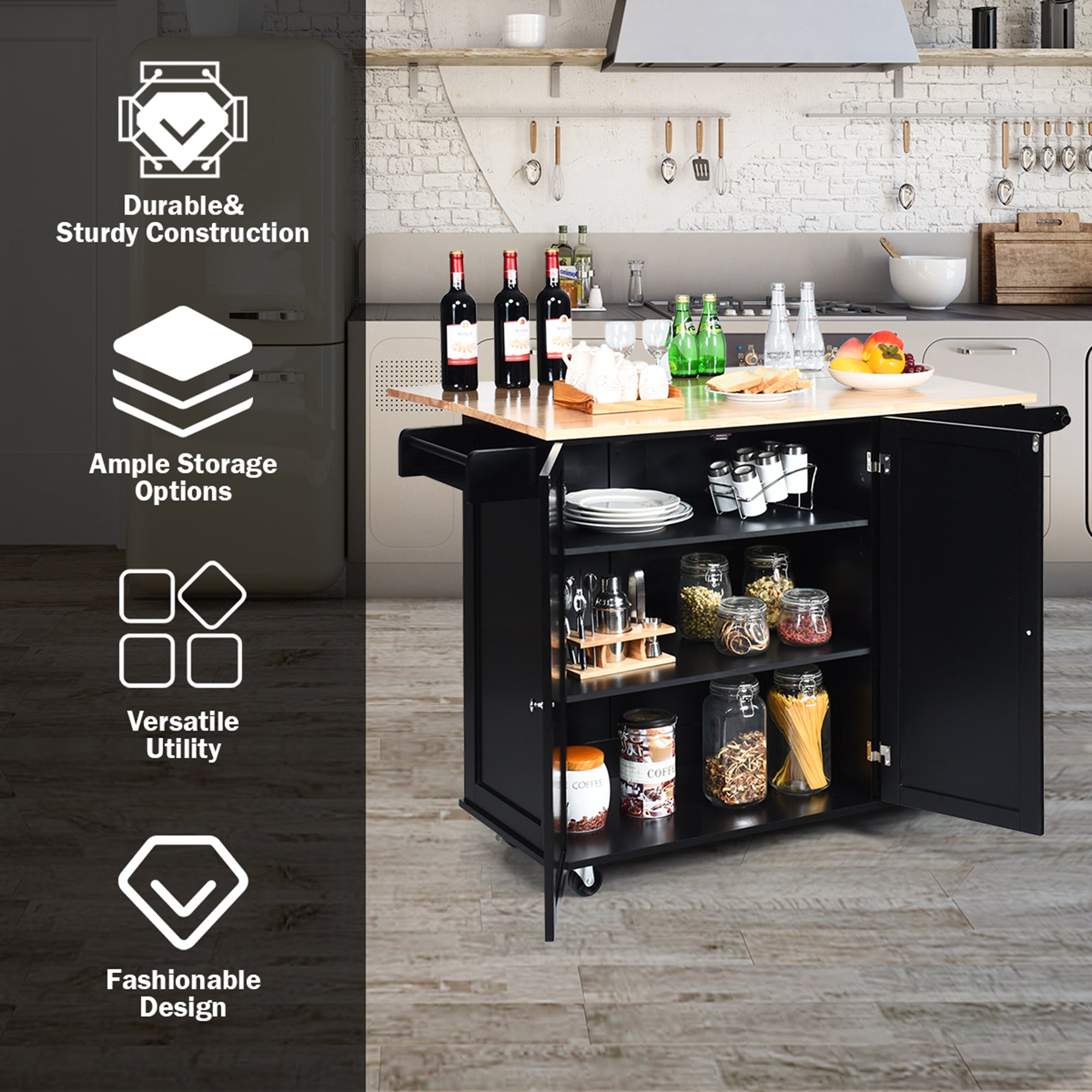 Gymax Drop-Leaf Kitchen Island Trolley Cart Wood Storage Cabinet w/ Spice Rack Black