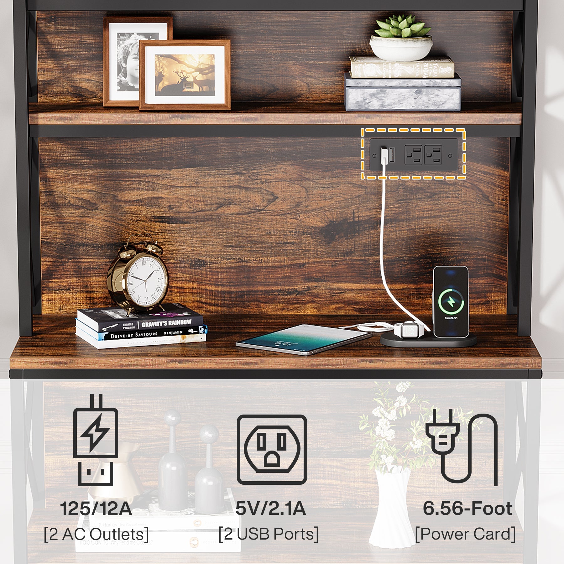 70 Bookshelf, Wood Bookcase Display Shelf with Power Outlets