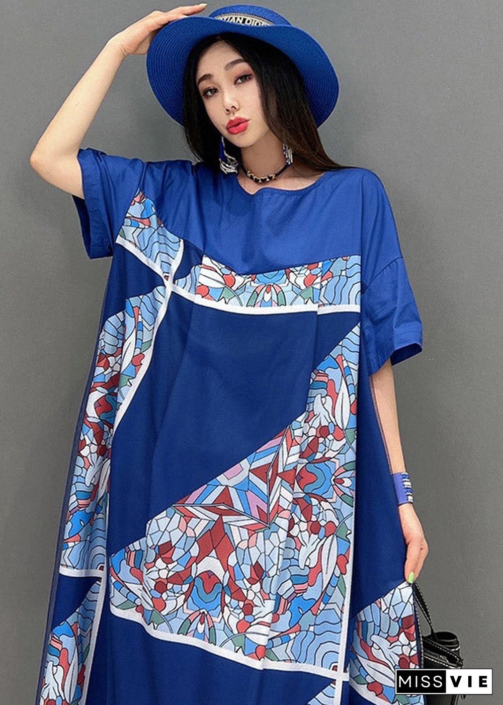 Plus Size Blue O-Neck Print Tulle Patchwork Dresses Short Sleeve