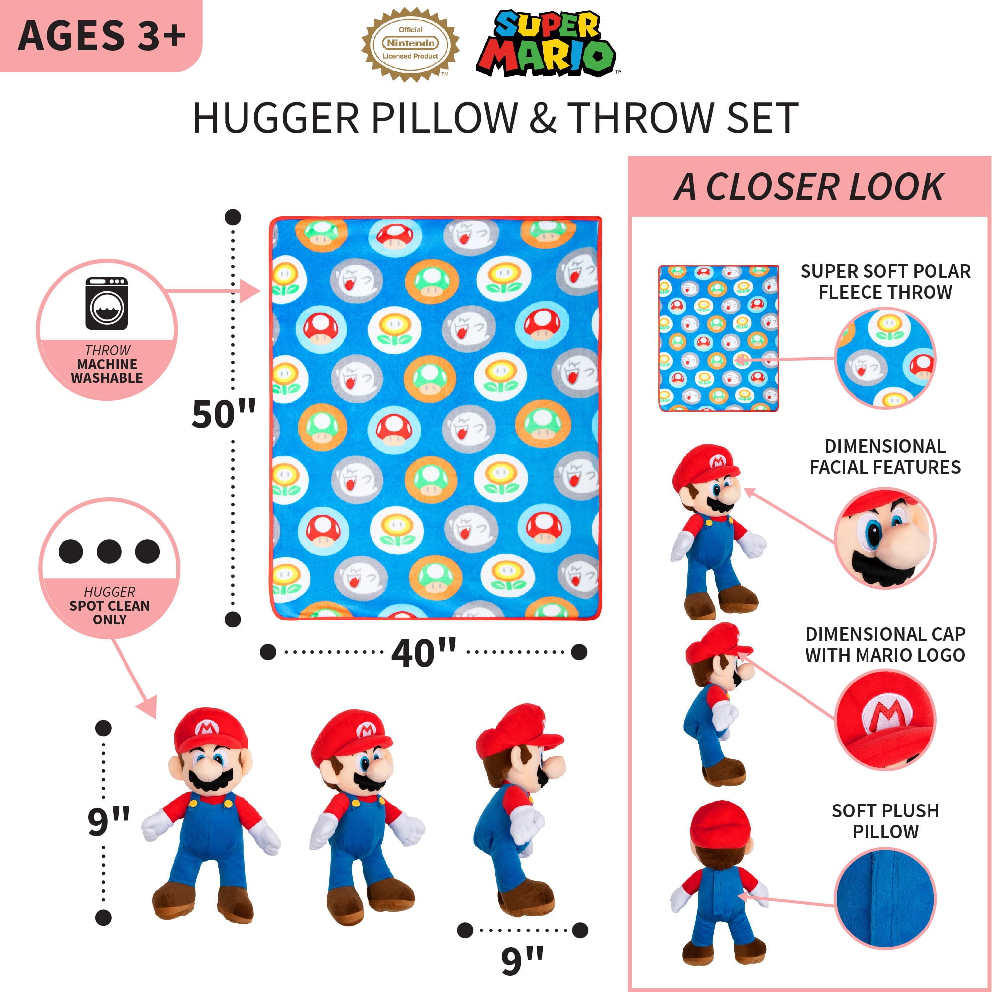 Super Mario Kids Hugger Pillow and Fleece Throw， Gaming Gift Set， 2-Piece， Blue， 