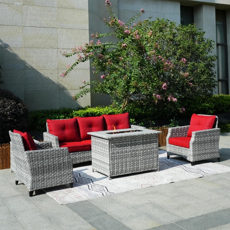 5 Piece Patio Wicker Sofa Set with Firepit Table and Rain cover