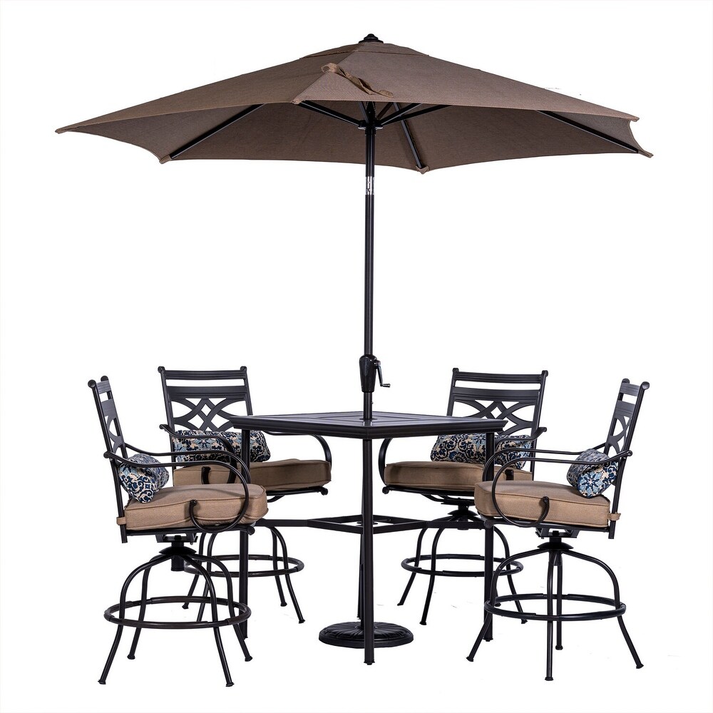 Hanover Montclair 5 Piece High Dining Set in Tan with 4 Swivel Chairs  33 In. Counter Height Dining Table and 9 Ft. Umbrella