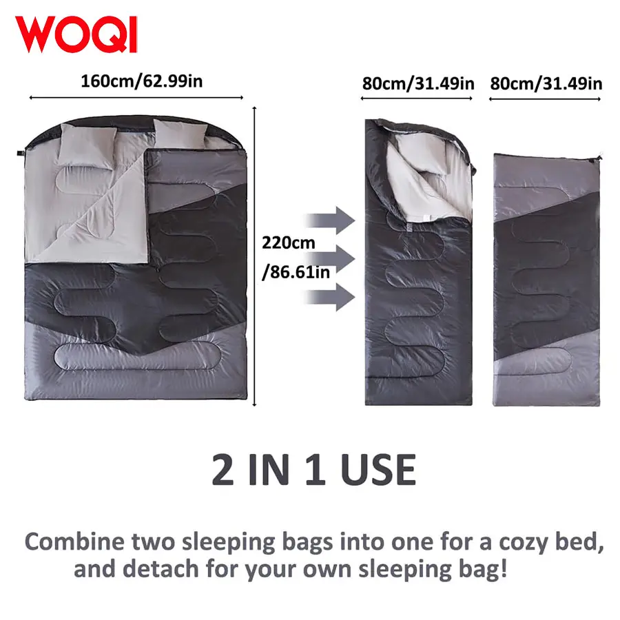 WOQI adult waterproof camping sleeping bag for two with 2 pillows  suitable for all season camping and hiking backpacks