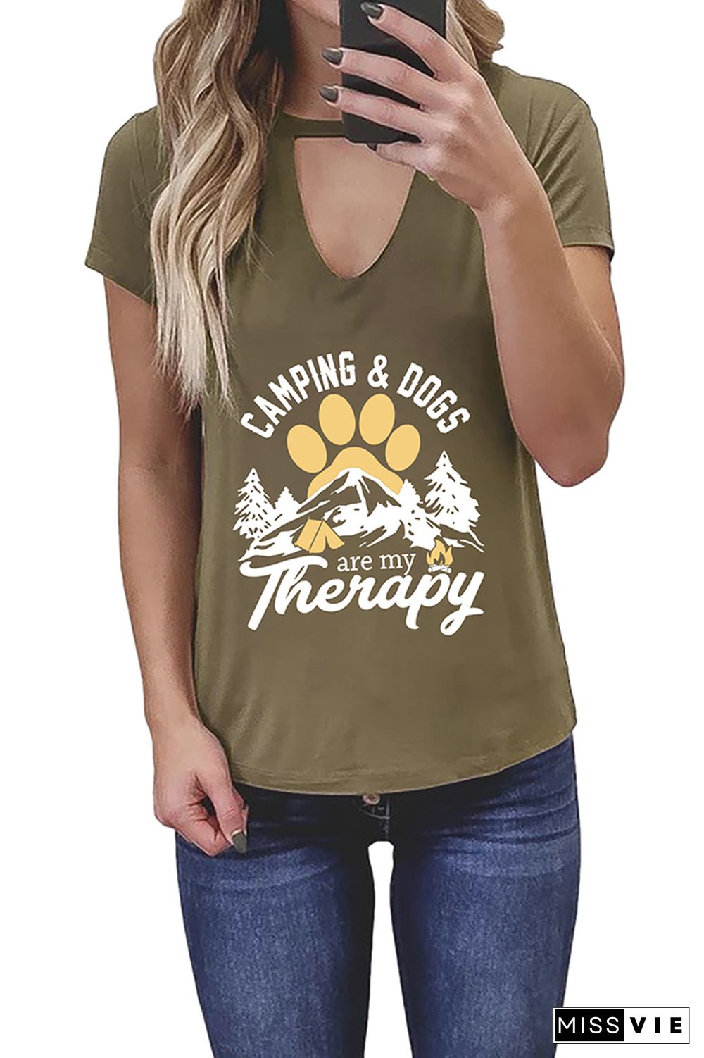 Camping and Dogs are my Therapy Graphic Tees for Women Wholesale Short Sleeve T shirts Top