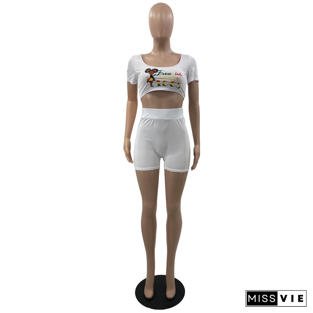 Cartoon Letter Crop Top With Shorts 2 Pieces Set