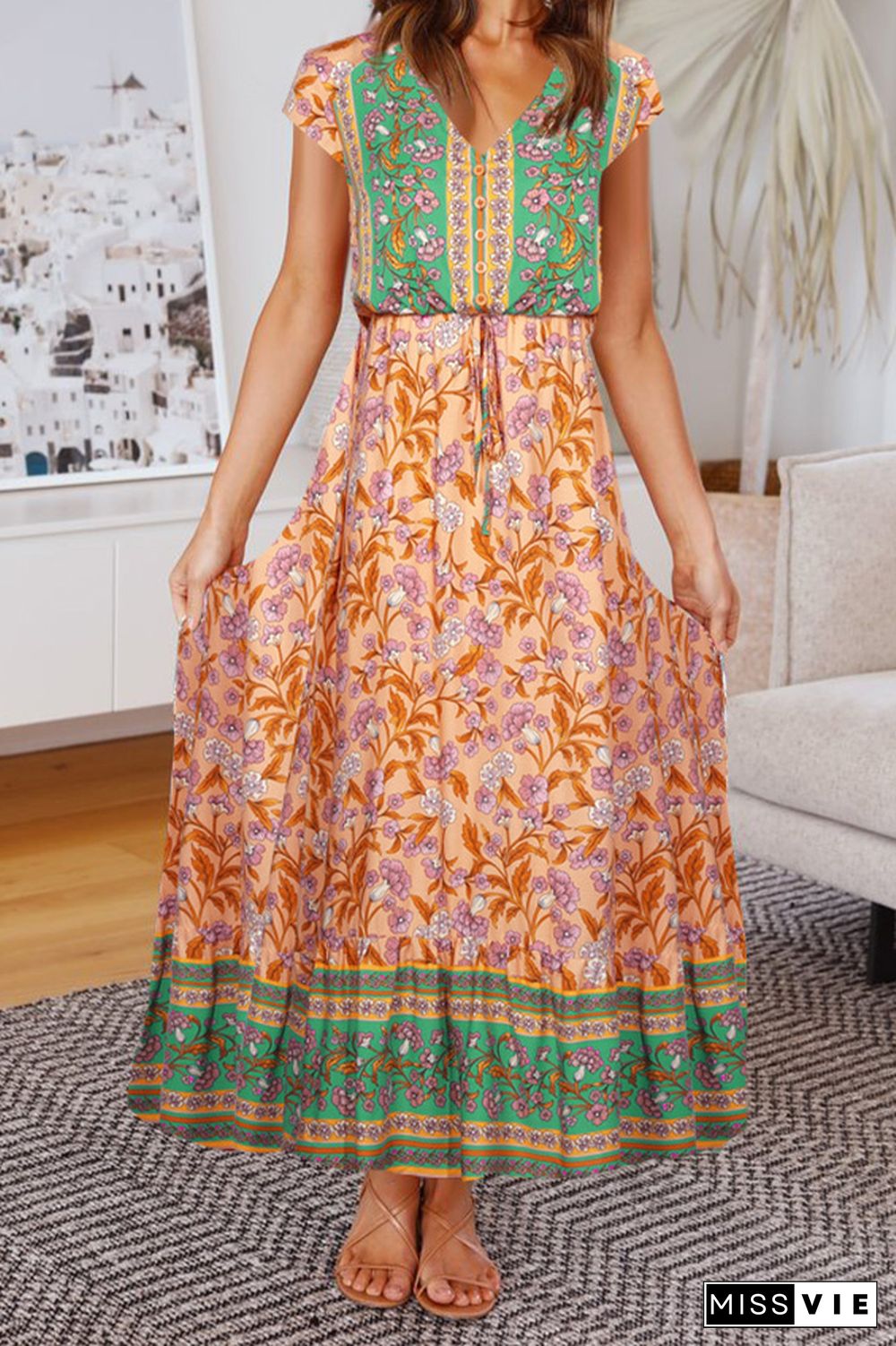 V Neck Buttoned Drawstring Bohemian Print Maxi Dress