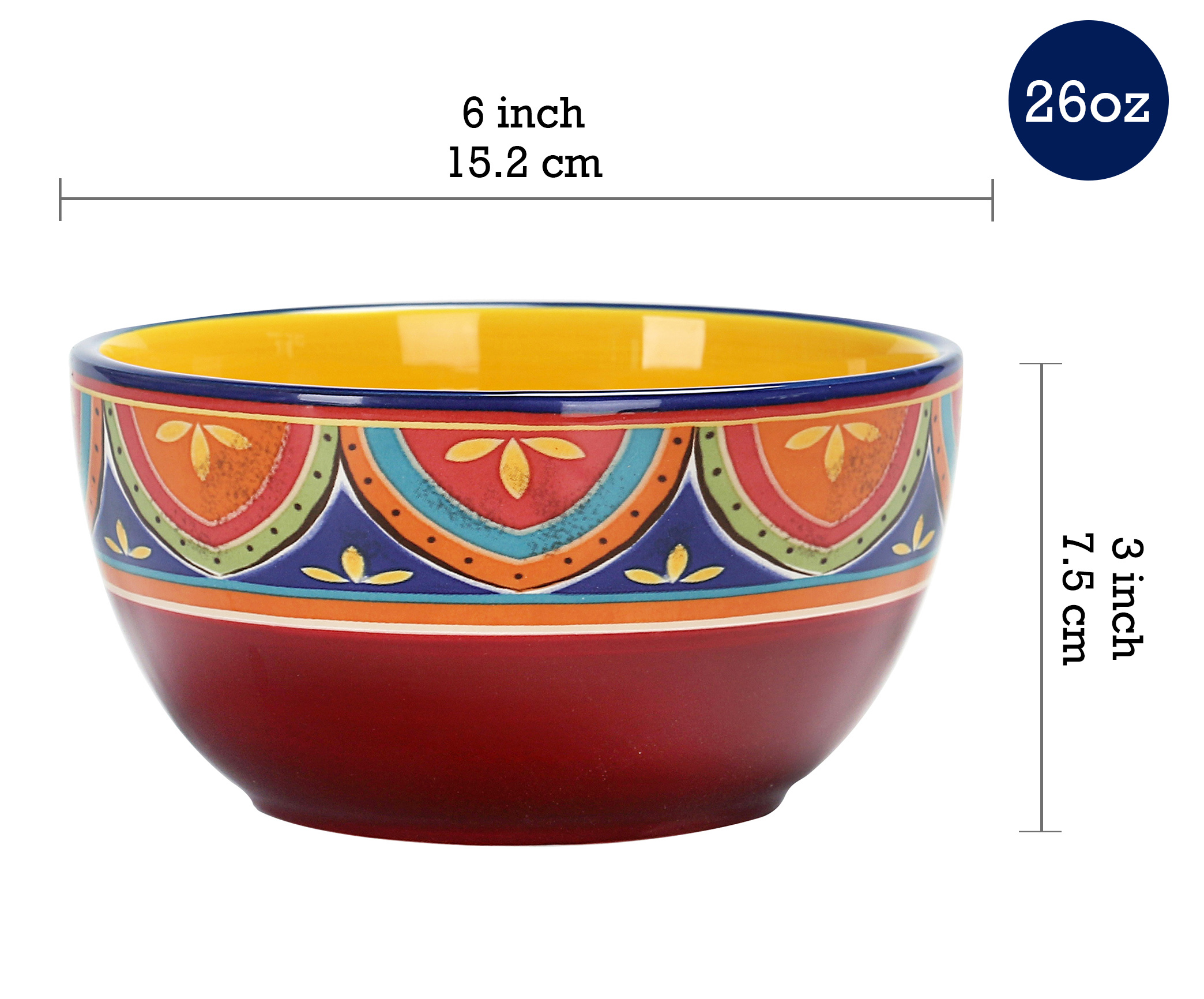 Bico Tunisian 26oz Ceramic Cereal Bowls Set of 4， for Pasta， Salad， Cereal， Soup and Microwave and Dishwasher Safe