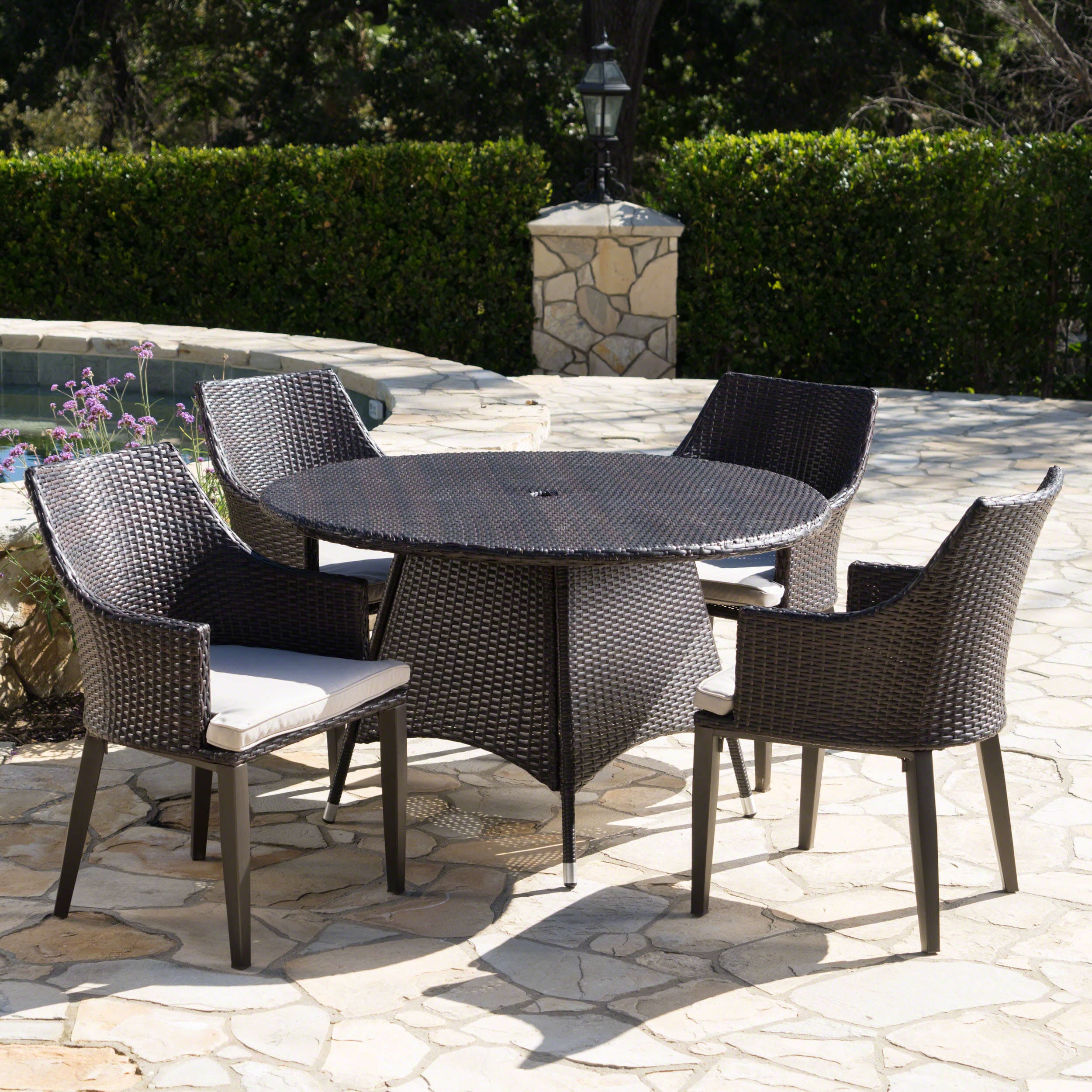 Leeward Outdoor 5 Piece Wicker Round Dining Set with Water Resistant Cushions