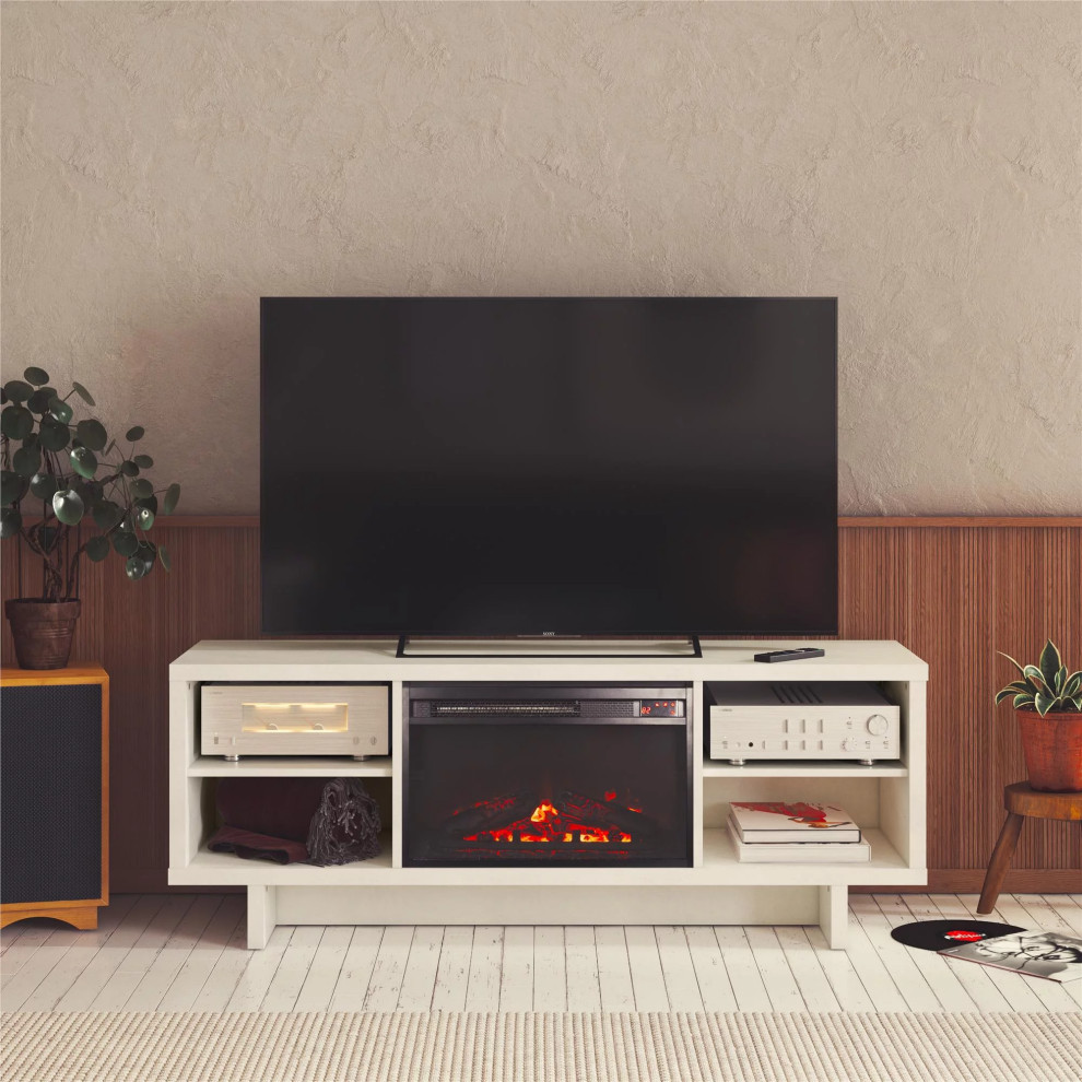 Minimalistic TV Stand  Pedestal Base With Side Open Shelves  ampFireplace  White   Modern   Entertainment Centers And Tv Stands   by Declusia  Houzz