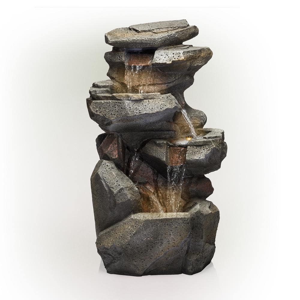 Alpine Corporation 40 in. Tall Outdoor 5-Tier Rock Cascading Waterfall Fountain with LED Lights WIN1184