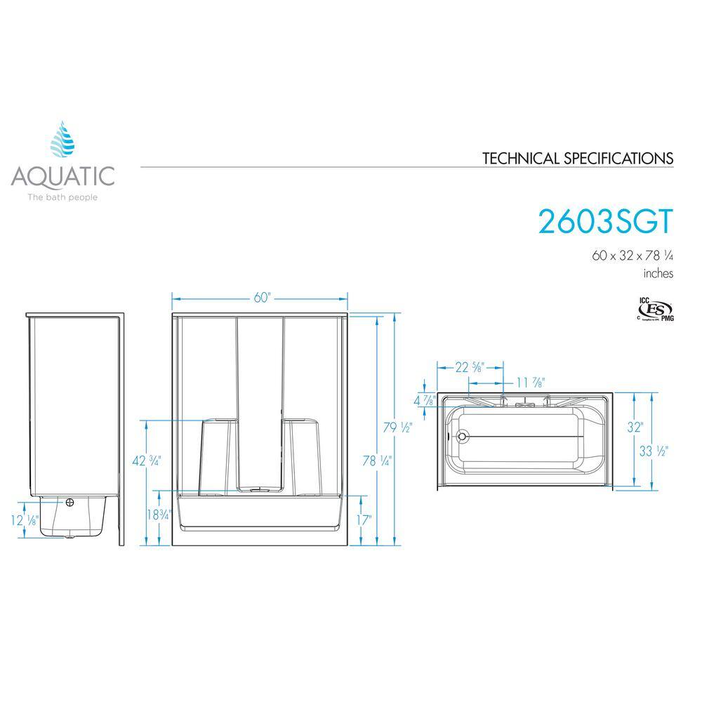 Aquatic Everyday 60 in. x 32 in. x 78.3 in. 1-Piece Bath and Shower Kit with Left Drain in White 2603SGTL-WHHD