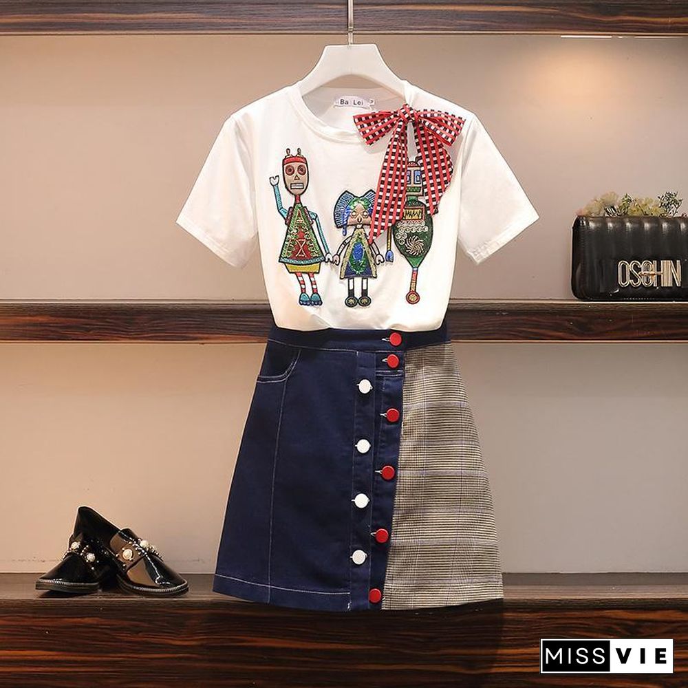 Cute Cartoon T-shirt +Denim Skirt P11150