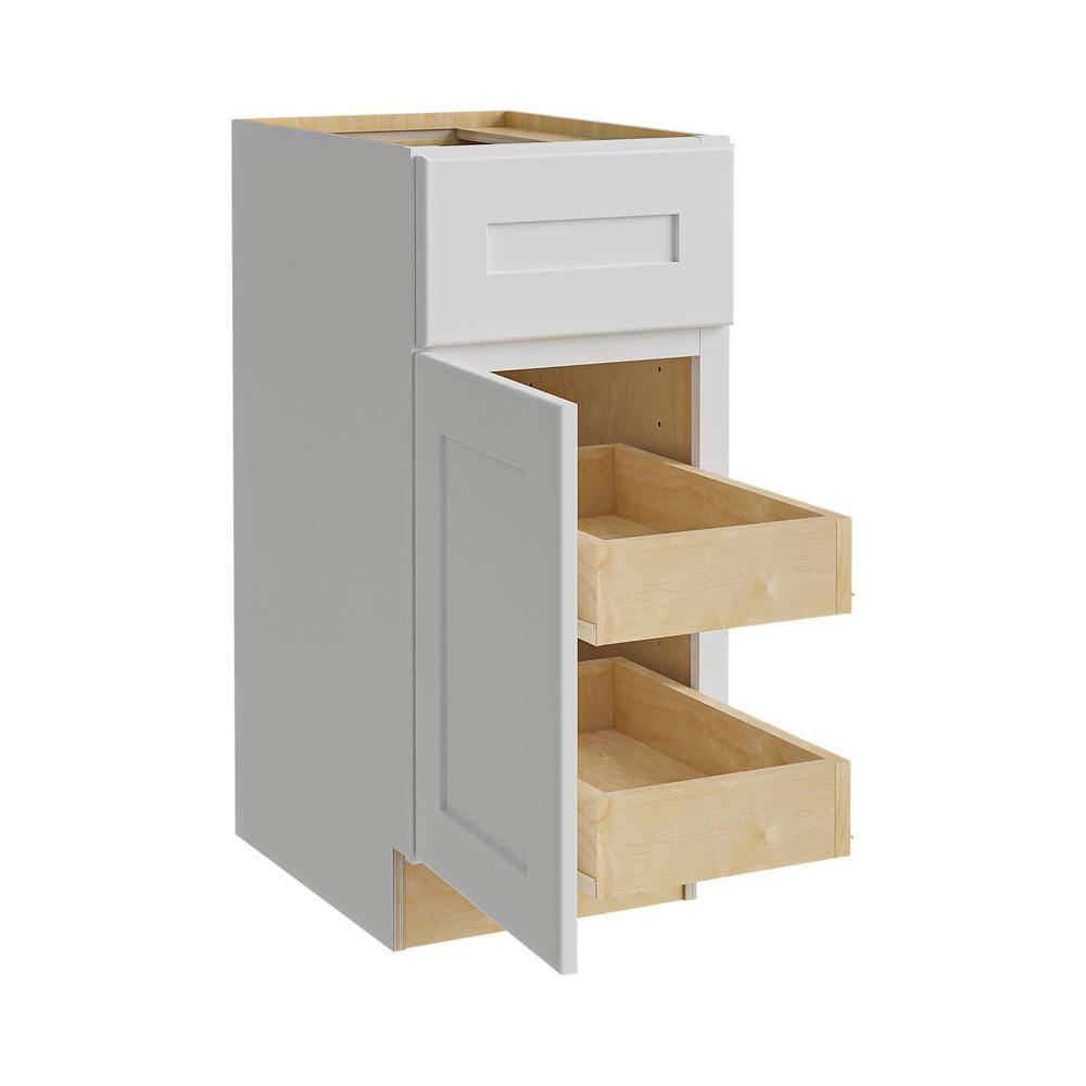 Home Decorators Collection Newport Assembled 15x34.5x24 in. Plywood Shaker Base Kitchen Cabinet Left 2 rollouts Soft Close in Painted Pacific White B15L-2T-NPW