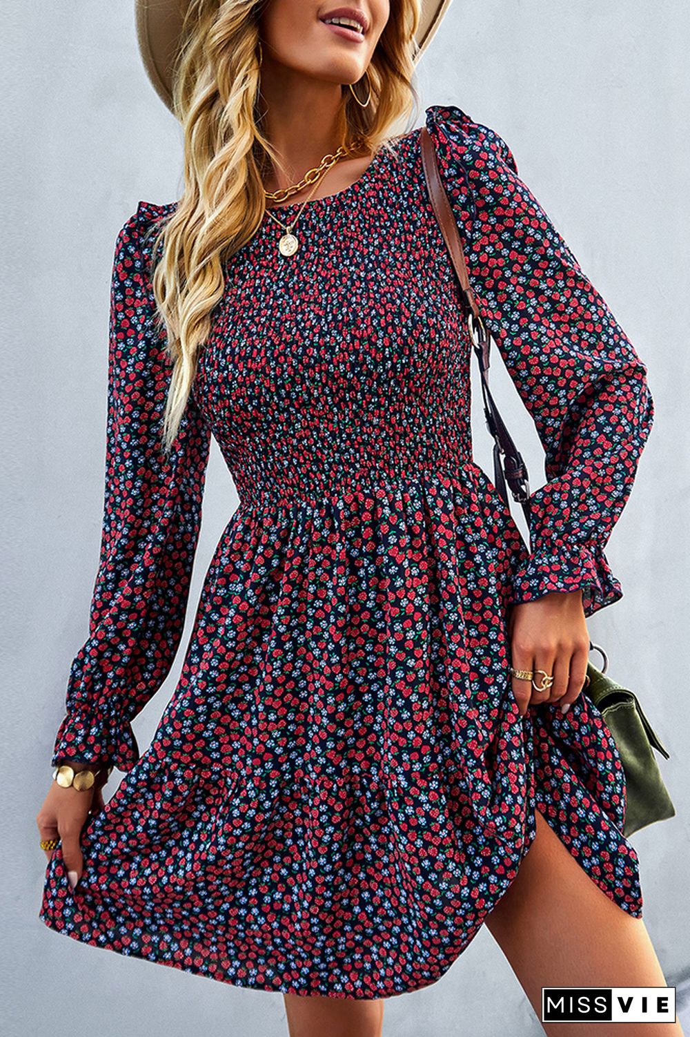 Smocked Puffy Long Sleeves Floral Dress