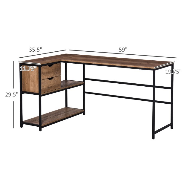 Homcom L shaped Home Office Writing Desk With Storage Shelf Drawer Industrial Corner Pc Study Table Computer Workstation Brown