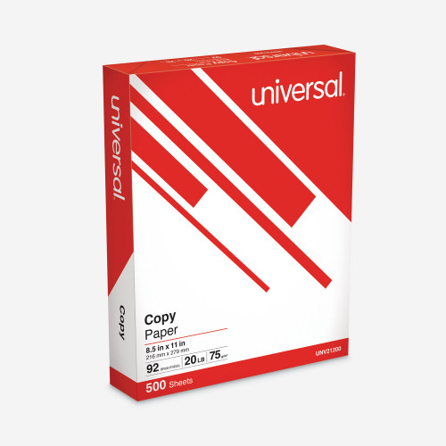 Universal Copy Paper， 92 Bright， 20lb， 8.5 x 11， White， 500 Sheets/Ream， 10 Reams/Carton (21200)