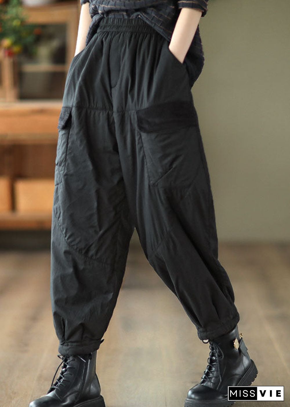 Unique Black Elastic Waist Pockets Fine Cotton Filled Pants Winter