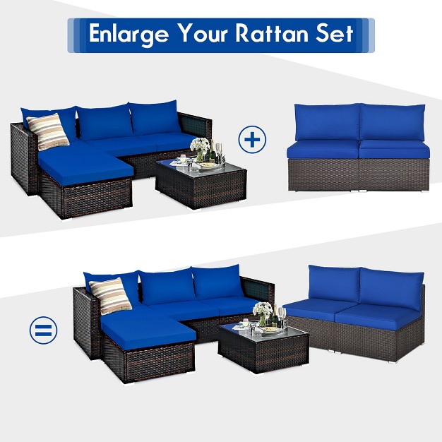 Costway 2pcs Patio Rattan Armless Sofa Sectional Furniture W navy Cushion