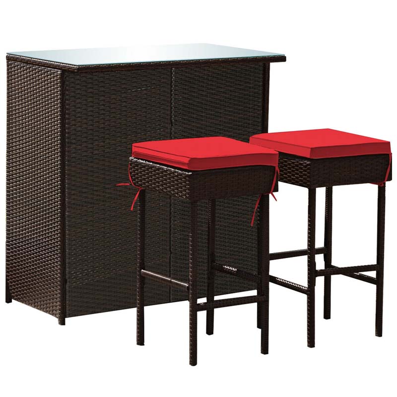 3 Pcs Rattan Patio Bar Dining Set Outdoor Counter Height Table Set with Cushioned Stools & Glass Top Table