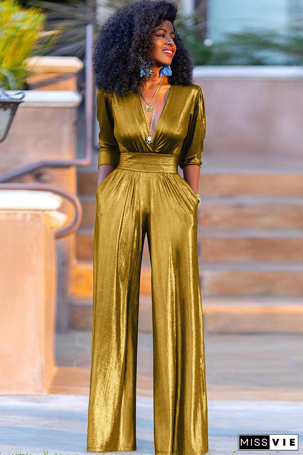 Party Reflective Half Sleeve V Neck Wide Leg Jumpsuit