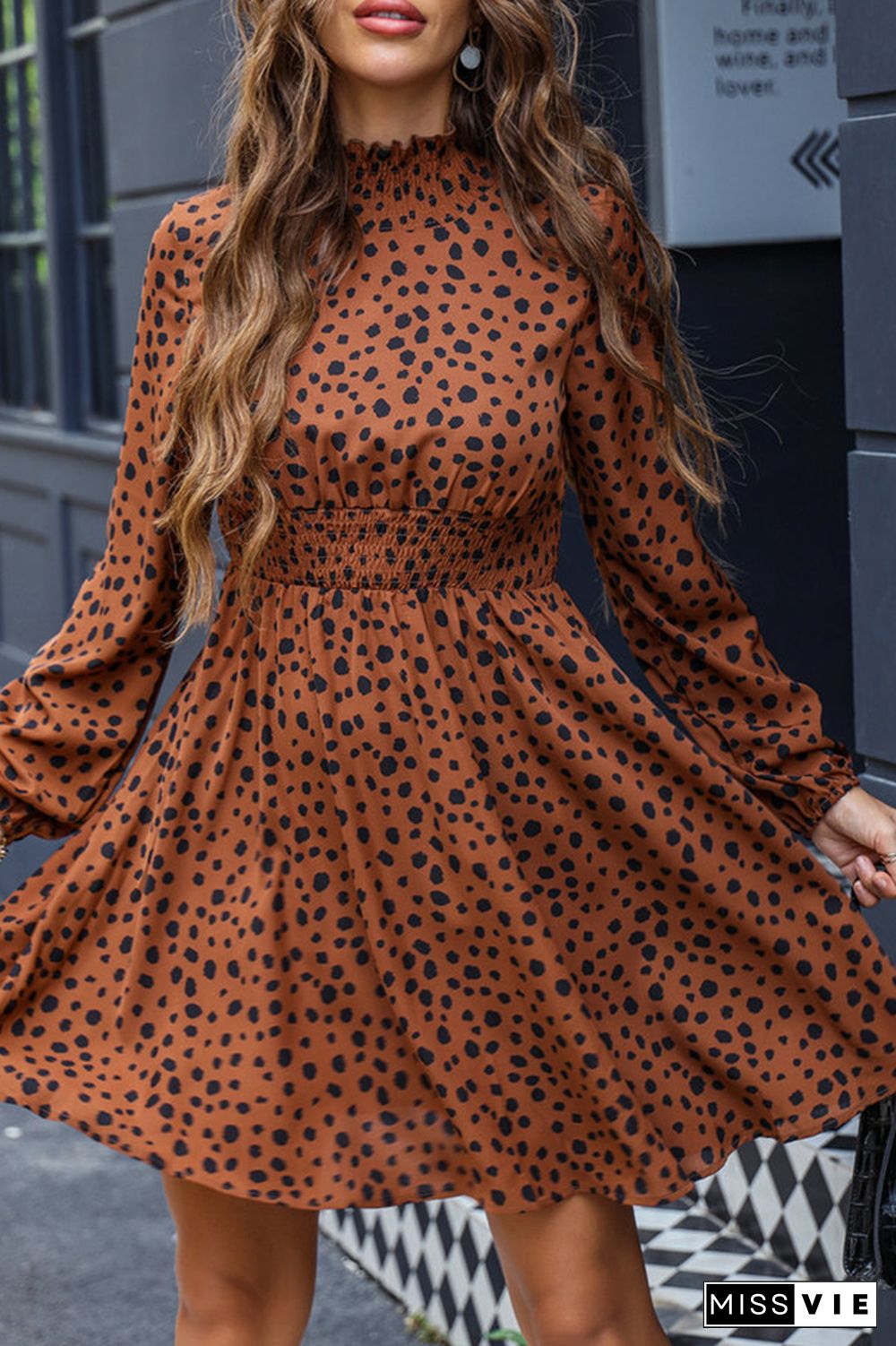 Smocked Neckline Leopard Print High Waist Flowy Dress