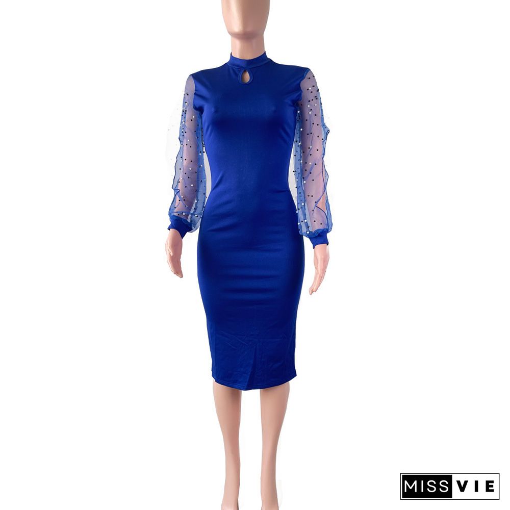 Nail Bead Mesh Long Sleeve Bodycon Pencil Dress