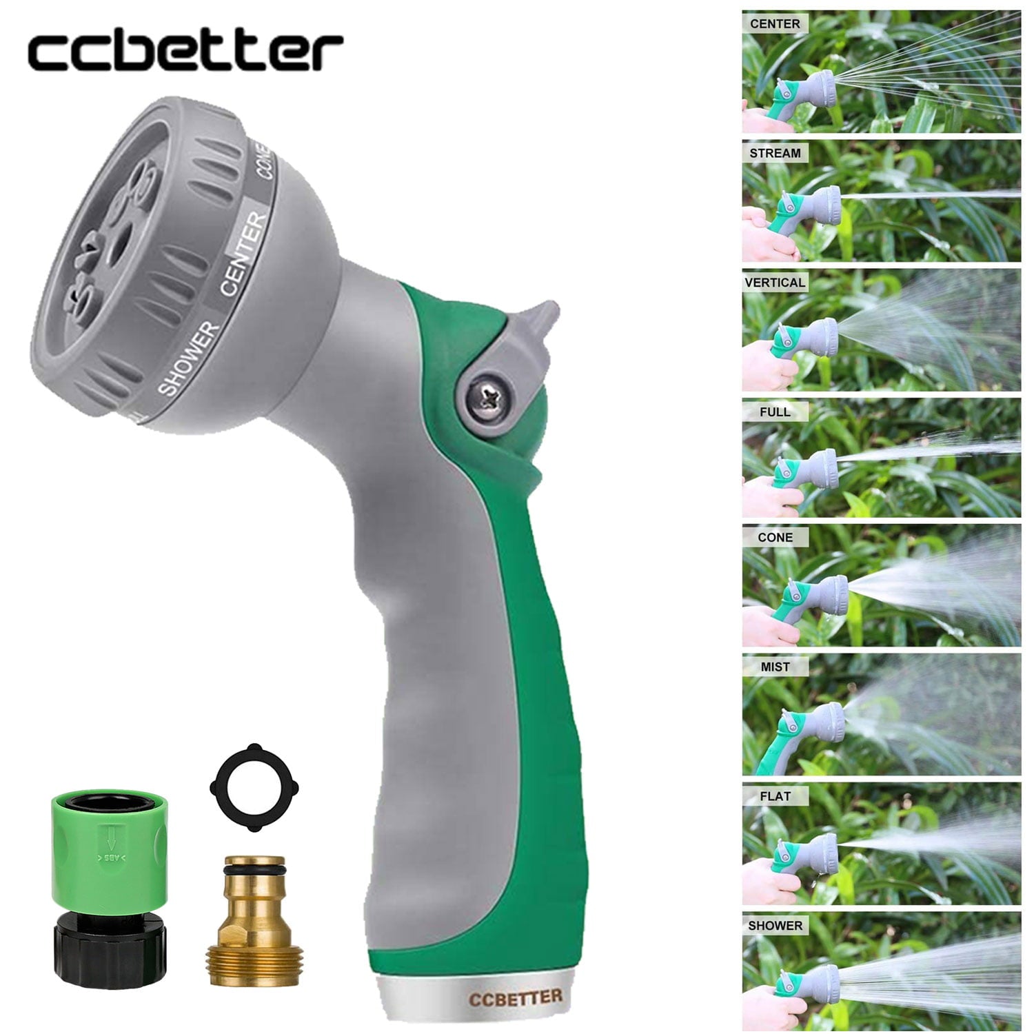 Water Sprayer， CCBETTER Garden Hose Nozzle， Car Washing Water Hose Sprayer Nozzle 8 Patterns， Heavy Duty Durable Non-slip Handle， with Thumb Control， Green