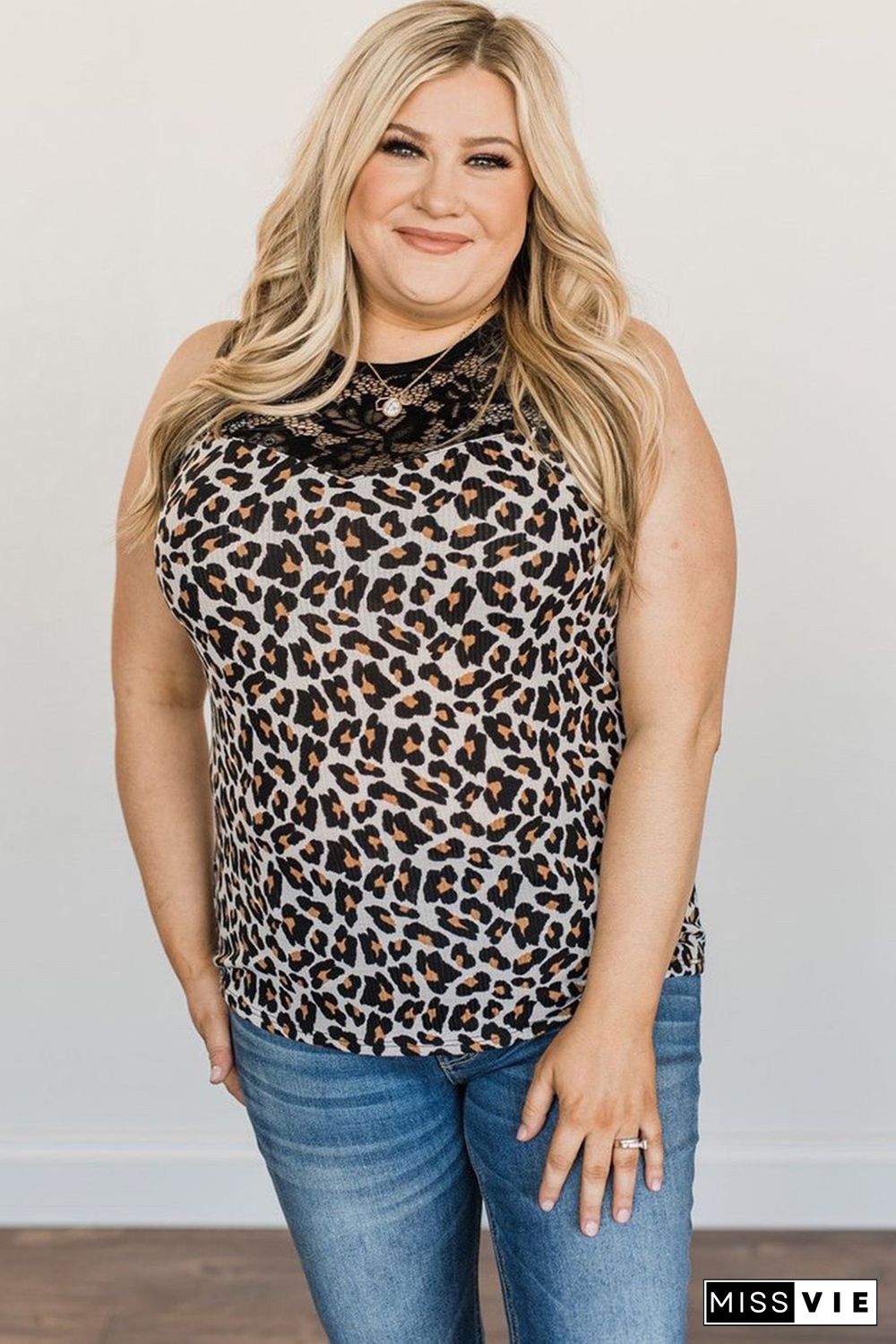 Plus Size Lace Splicing Leopard Print Tank Top