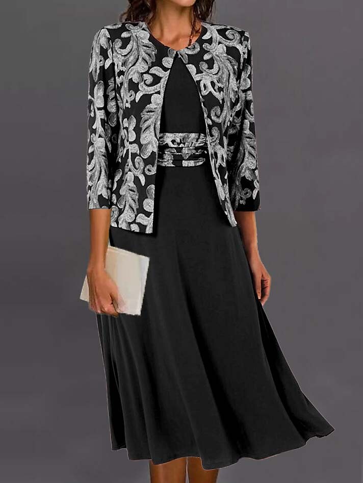 Women's Dress Set Two Piece Dress 3/4 Length Sleeve Print Crew Neck Casual dress