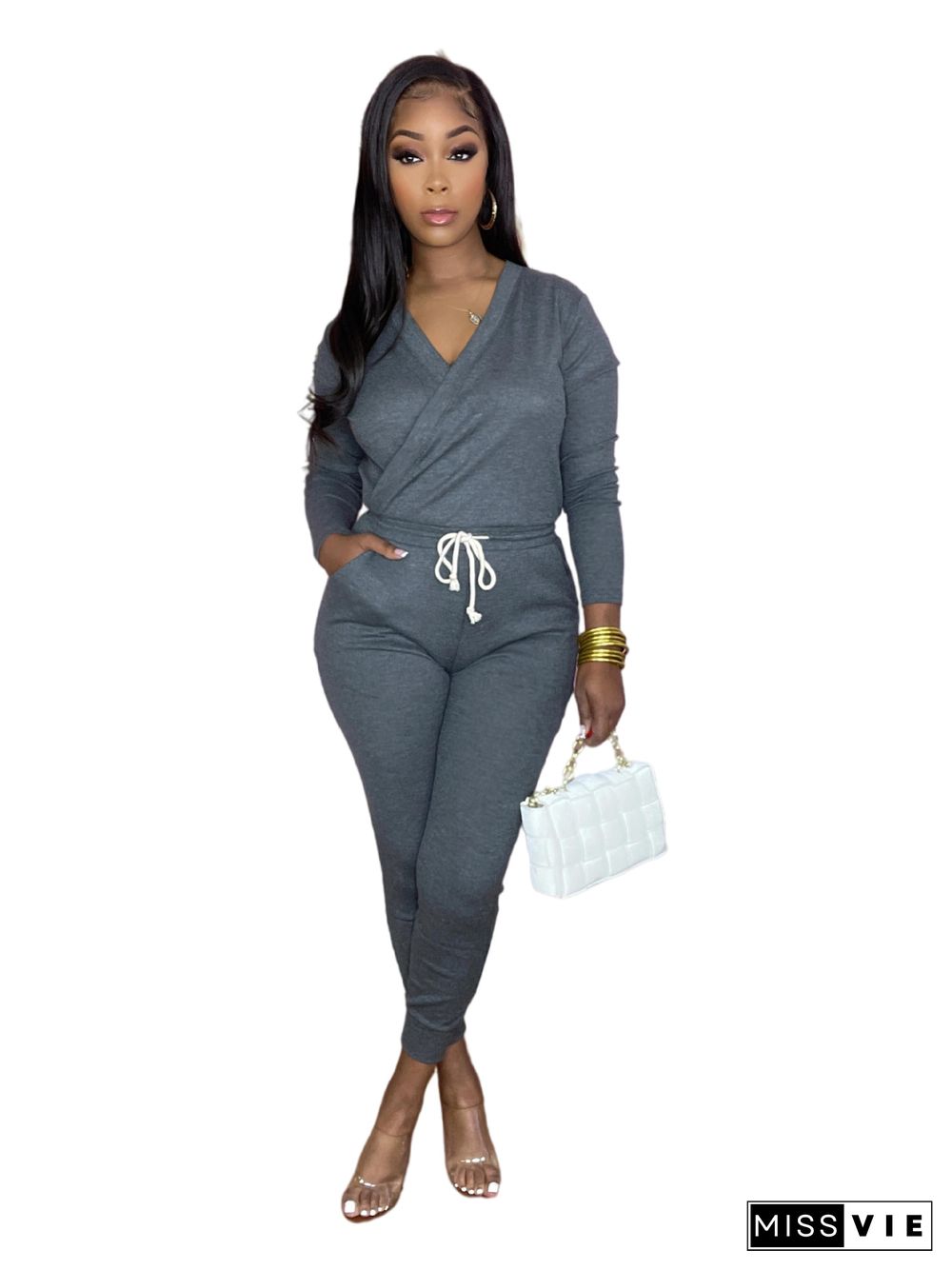 Solid V Neck Long Sleeve Lace Up One Piece Jumpsuit