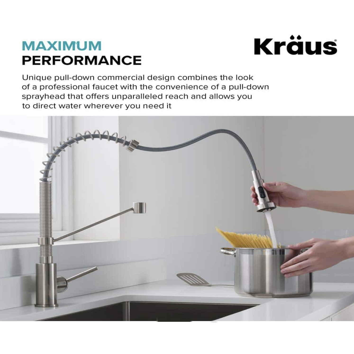 Kraus Single Handle 18-Inch Commercial Kitchen Faucet with Dual Function Pull-Down Sprayhead， Brushed Gold Finish