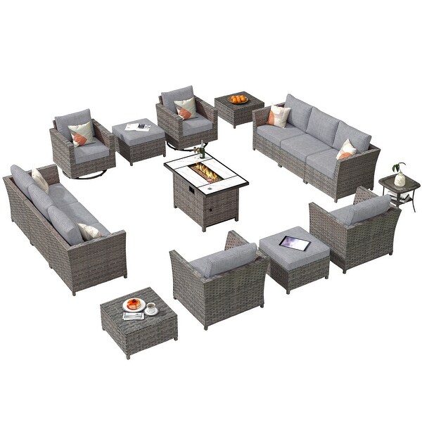 HOOOWOOO 16piece Outdoor Patio Grey Wicker Rattan Furniture Sectional Set with Fire Pit Table