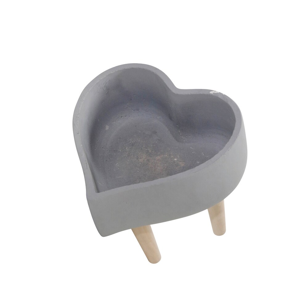 Gray Ceramic Heart Shaped Planter on Cedar Wood Legs   9.0\