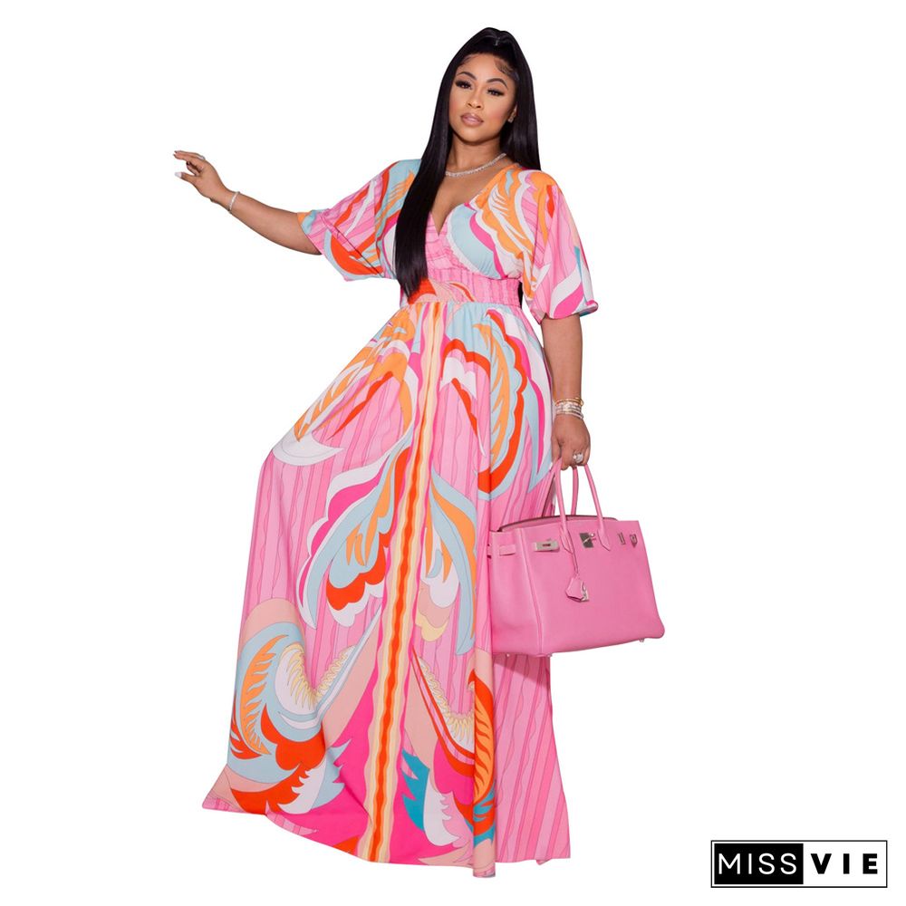 V Neck Print Holiday A-line Short Sleeve Maxi Dresses