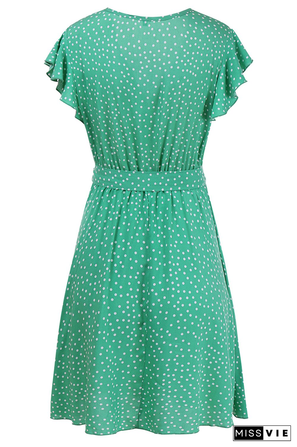 Polka Dot V-neck Ruffle Sleeve Tie Waist Midi Dress Wholesale