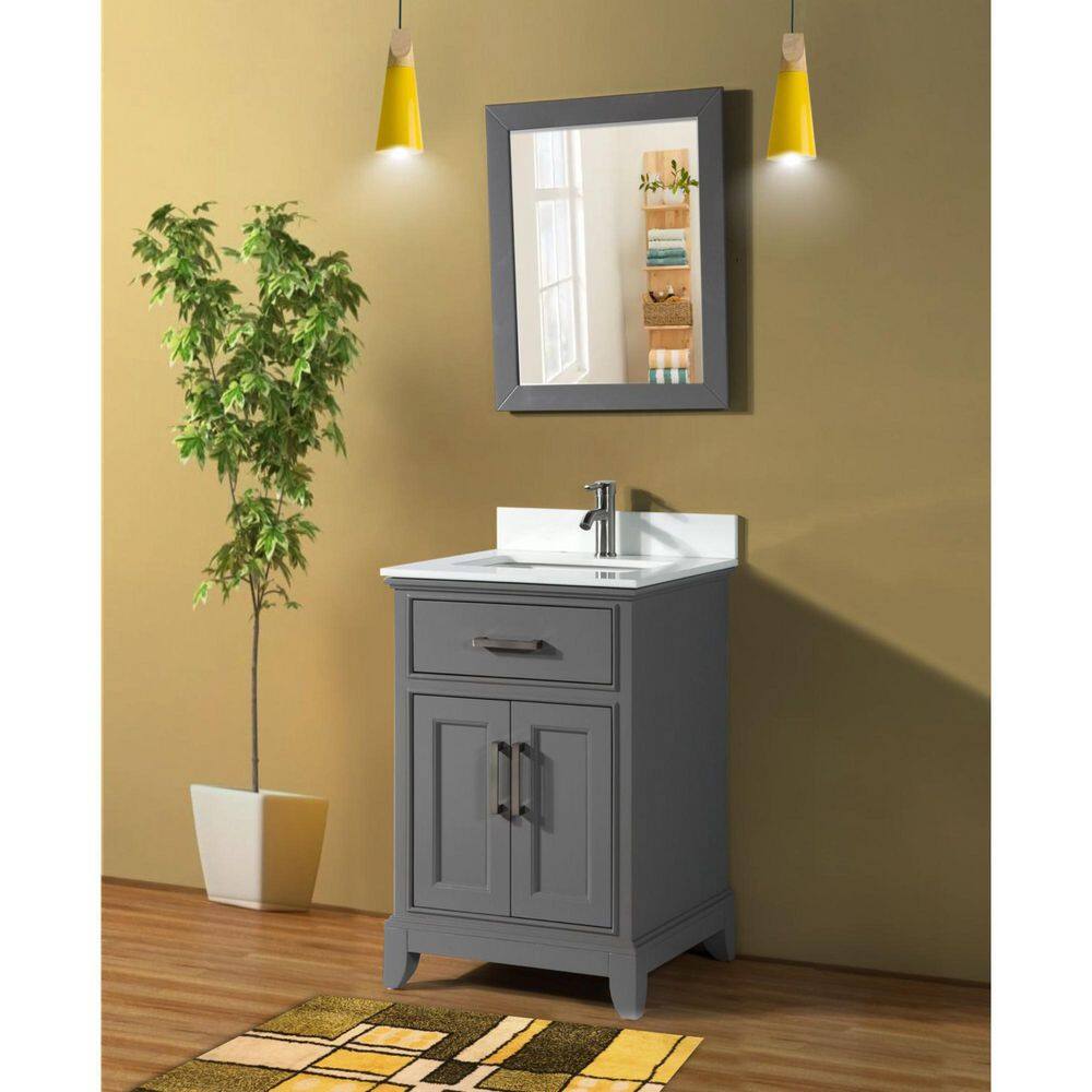 Vanity Art Genoa 24 in. W x 22 in. D x 36 in. H Bath Vanity in Grey with Engineered Marble Top in White with Basin and Mirror VA1024-G