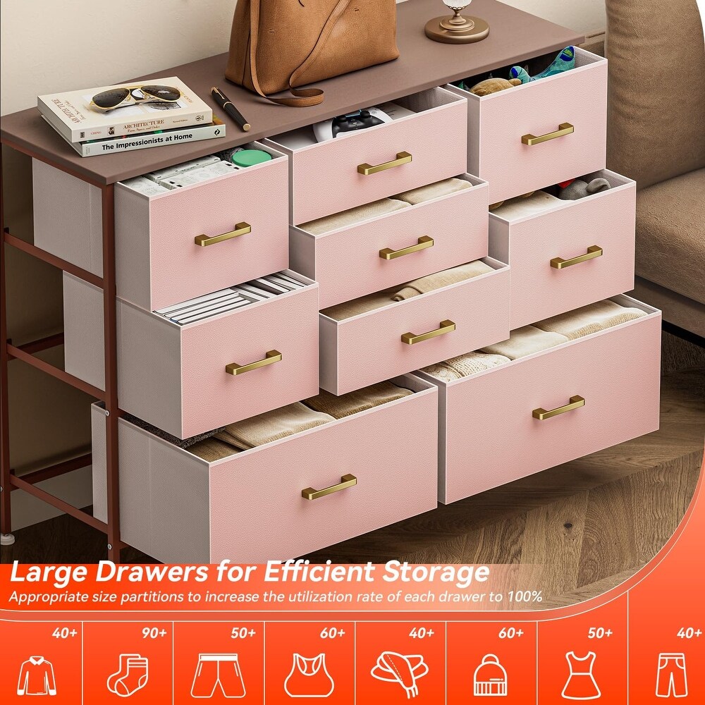 Wide Dresser TV Stand Entertainment Center with 9 Drawers for 50'' TV with Leather Front  Metal Handles  Large Chest of Drawers