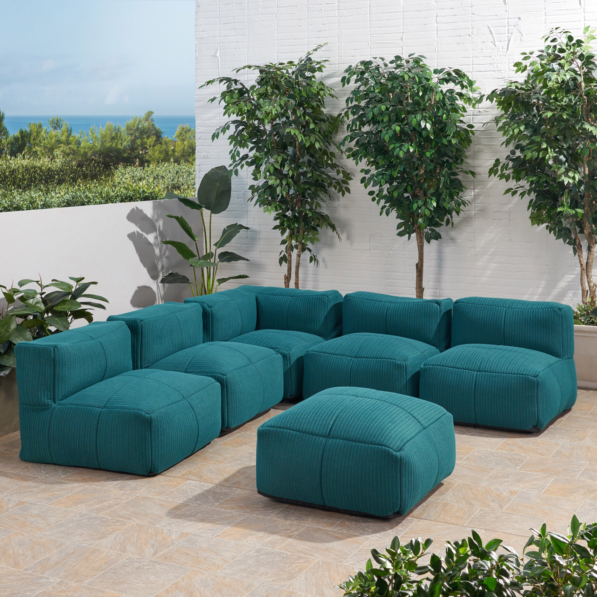 Daizee Outdoor Contemporary Fabric 5 Seater Bean Bag Sectional with Ottoman