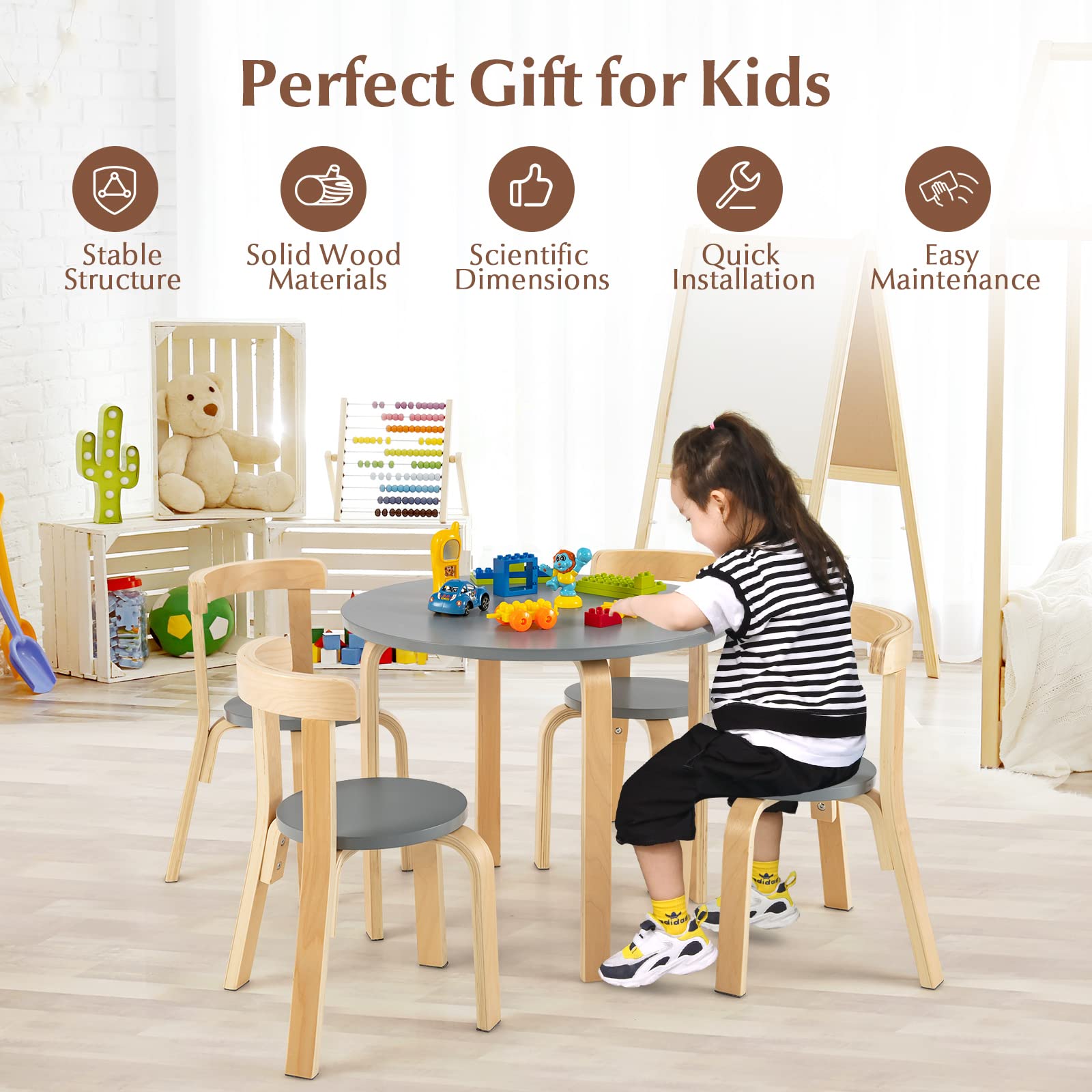 Costzon Kids Table and Chair Set, 5-Piece Wooden Activity Table w/ 4 Chairs