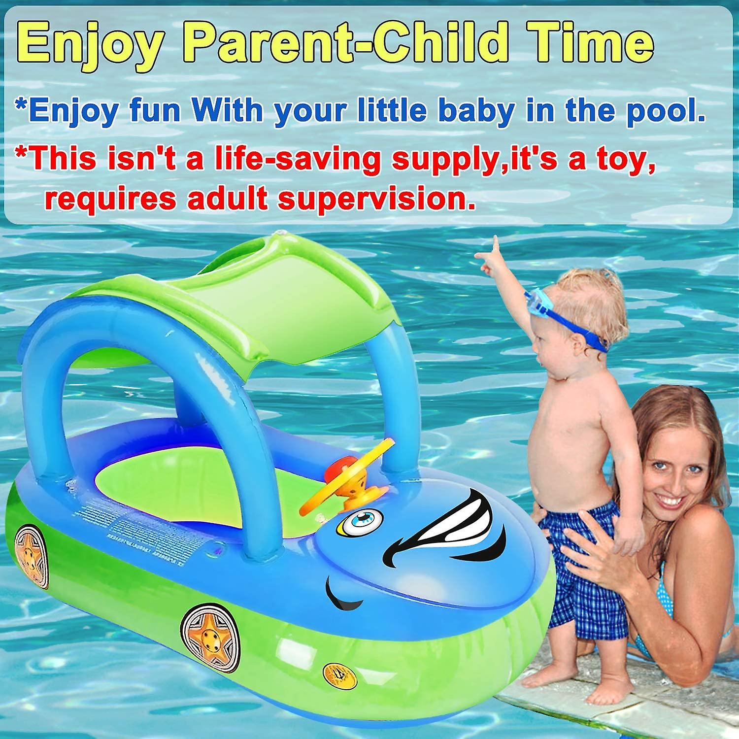 Baby Inflatable Pool Float With Canopy， Car Shaped Babies Swim Float Boat With Sunshade Safty Seat For Toddler Infant Swim Ring Pool Spring Floaties S