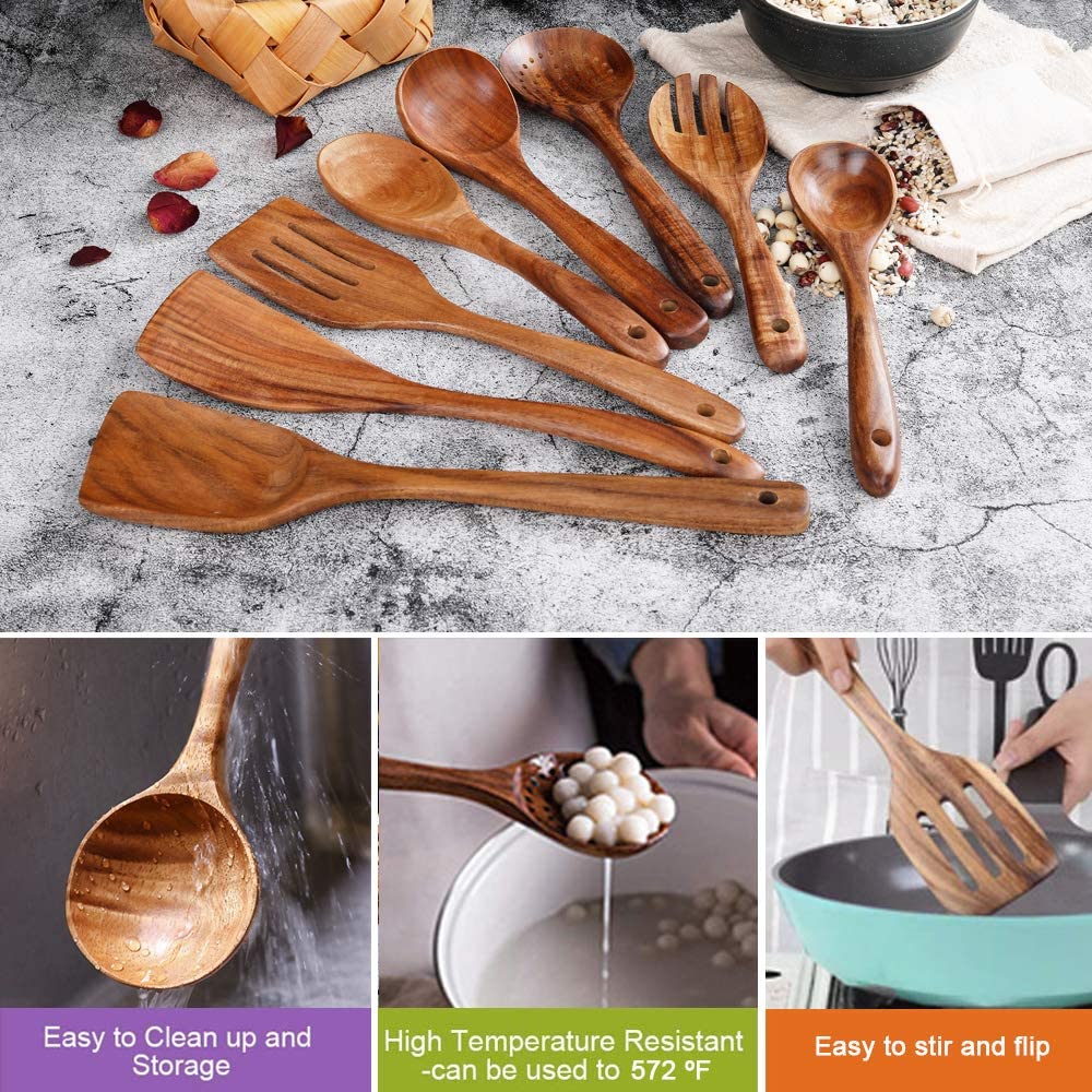 Wooden Spoons for Cooking， Nonstick Kitchen Utensil Set (Teak 8 Pack)