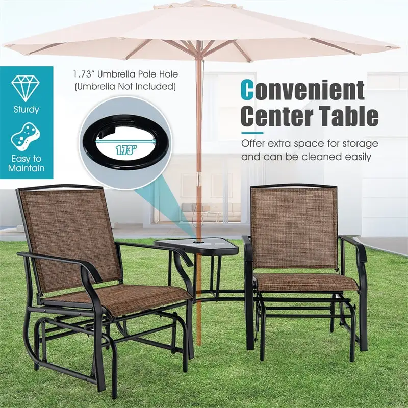 2-Seat Patio Rocking Chair Outdoor Double Glider Chair with Glass Table & Umbrella Hole