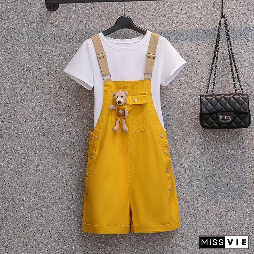 Solid Color Tee+Cute Bear Overalls P15081